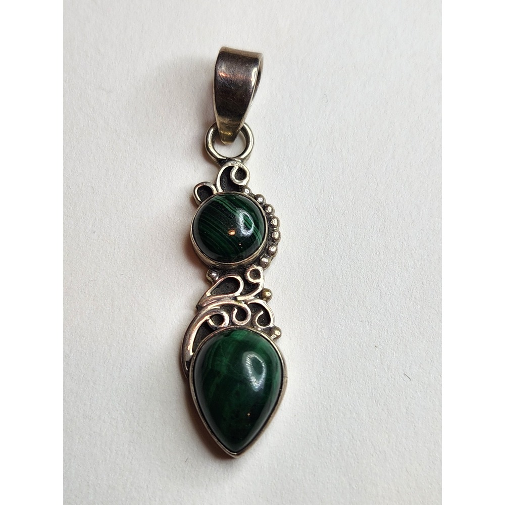 925 Sterling Silver Malachite Pendant Double‎ Stone Scroll Design